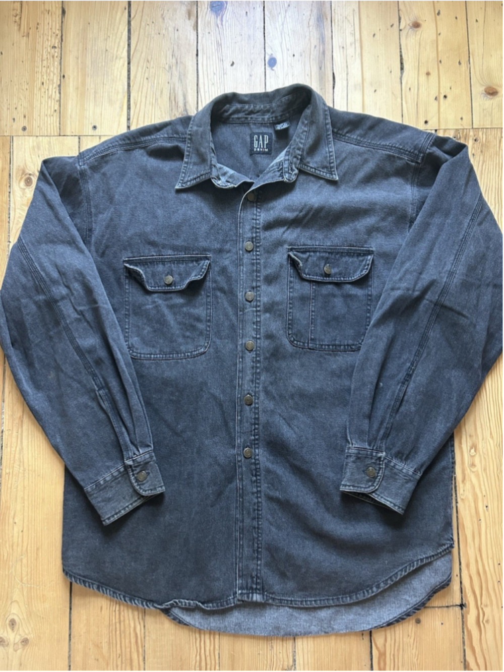 Vintage GAP Black Denim Shirt Western Pearl Snap Flap Pocket Size XL Fade Wash